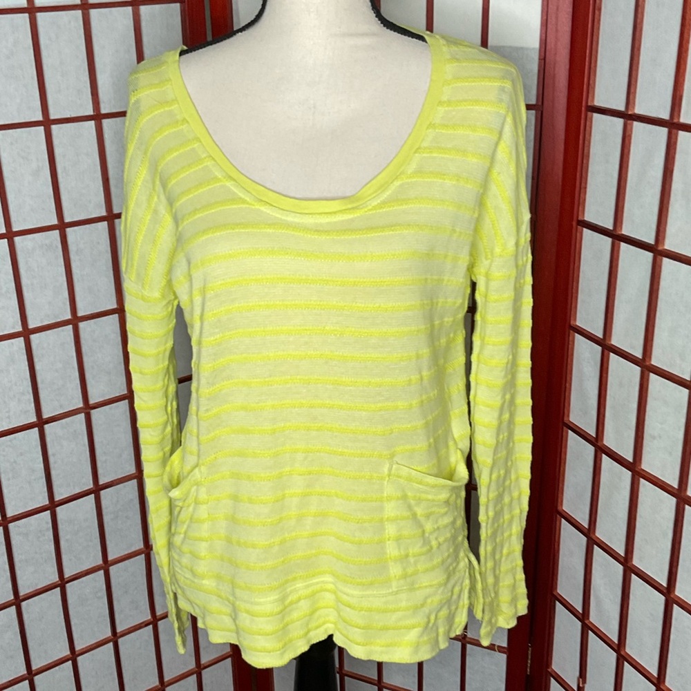 Roxy EUC Neon Yellow Striped Scoop Neck Long Sleeve Top, Size XS